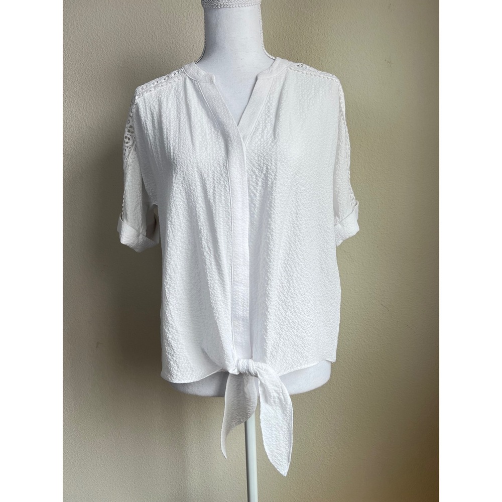 Alfani White Split Neck Tie Front Blouse Lace Trim Hidden Button Top PM Career